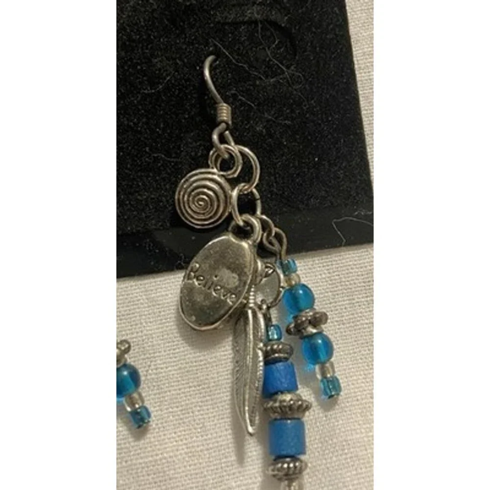 Girls Lady's Bohemian Boho Aqua Blue Bead Pierced Earrings 7cm